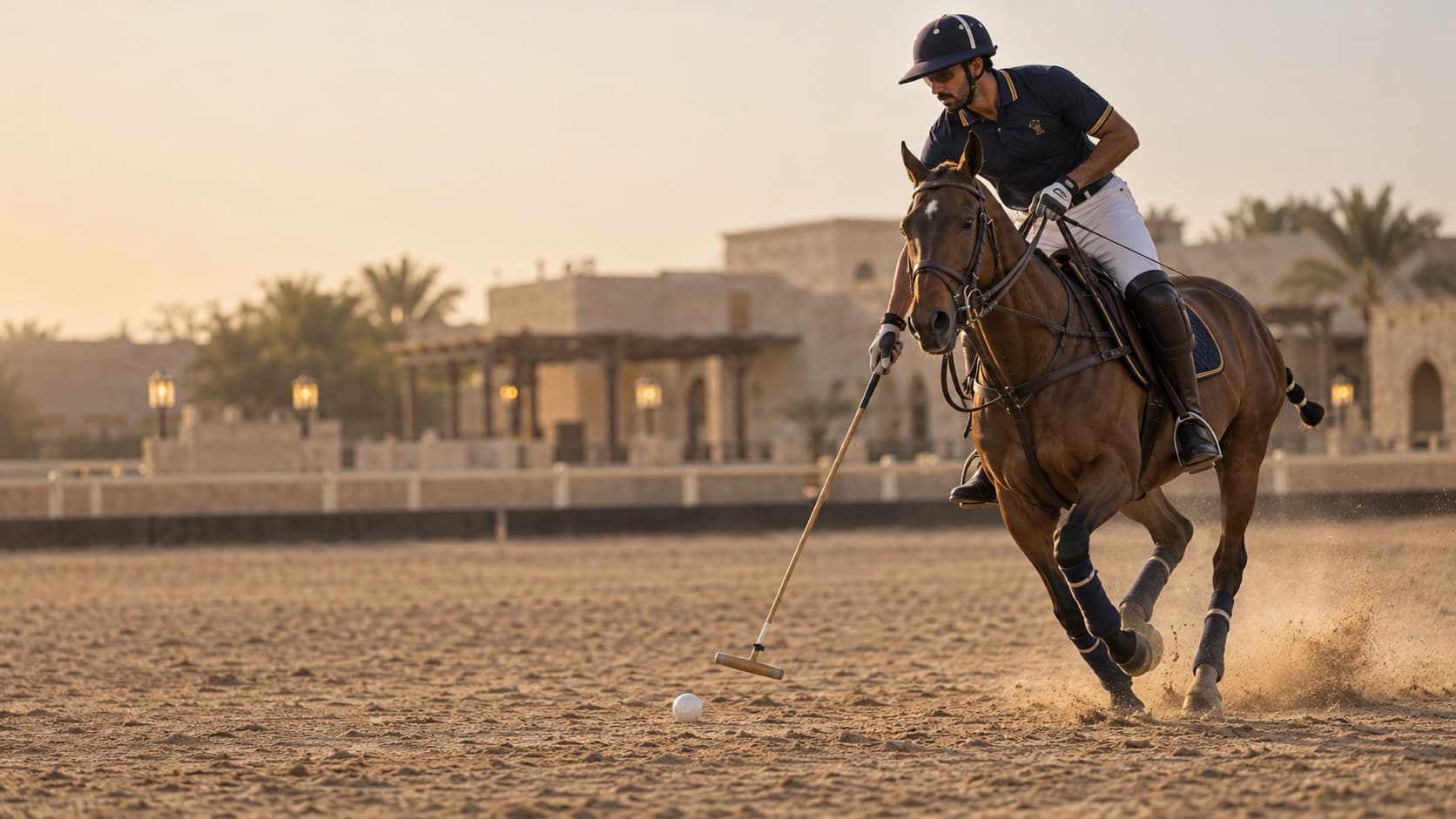 Polo player striking the ball at Kuwait Polo Academy